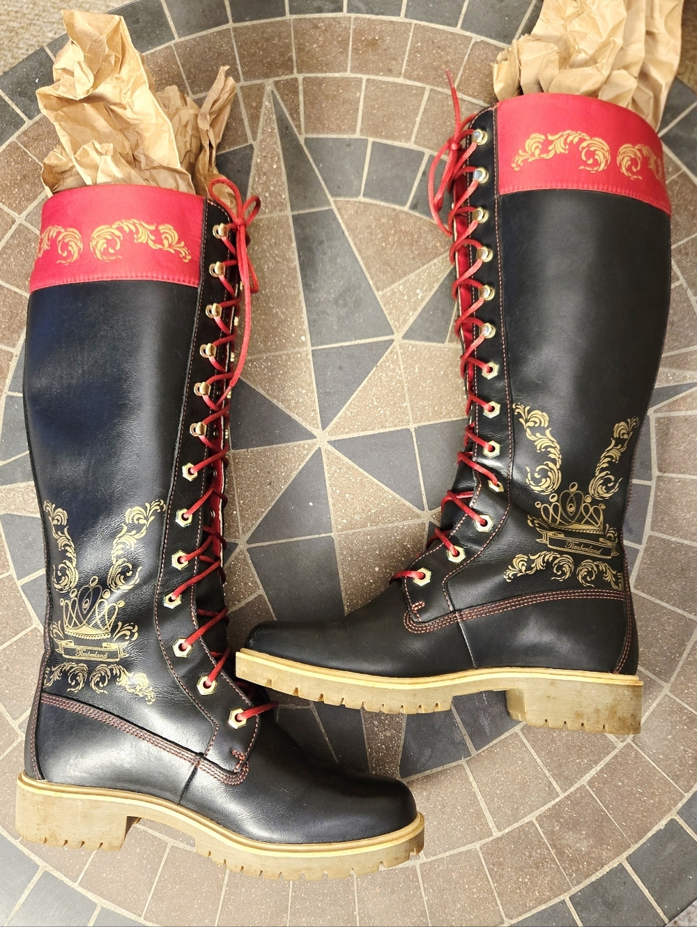 Timberland Lugged Sole Lace-Up Tall Boots Gold Accents - Picture 6 of 13